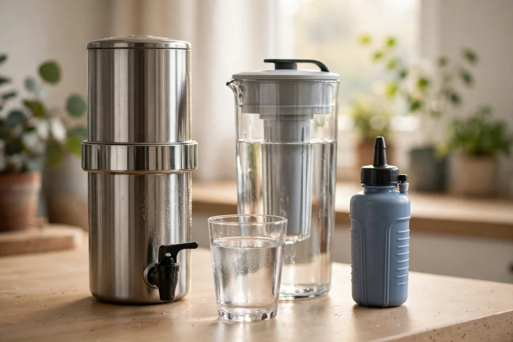 Stainless gravity water filter, glass filter pitcher and portable squeeze filter on a kitchen counter